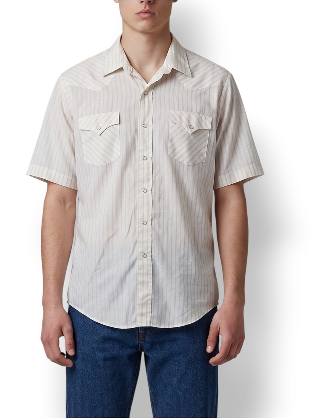 4/$20 Karman Pearl Snap Western Shirt Beige Stripe Cowboy Rodeo Long Tail L VTG